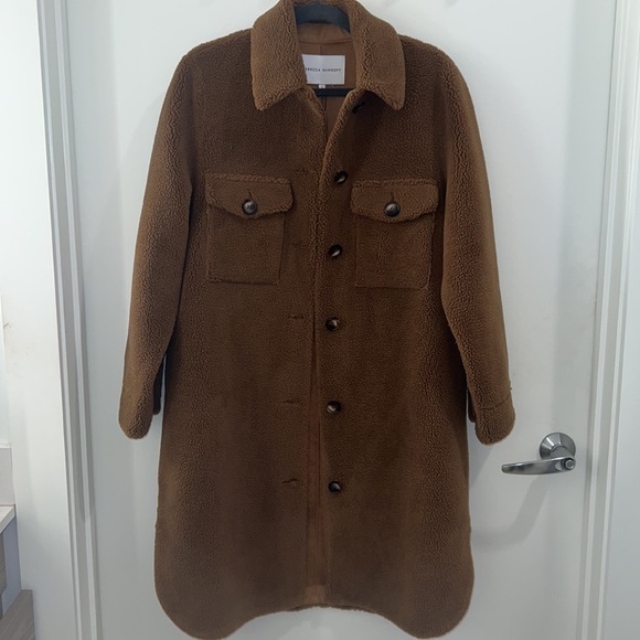 Rebecca Minkoff Long Brown / Tan Teddy Coat (Faux Sherpa) w/ Tortoise Buttonw - Picture 5 of 8